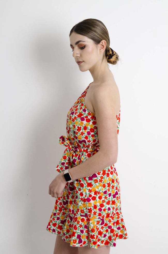 SUKIENKA W KWIATY NA JEDNO RAMIĘ -BIAŁA