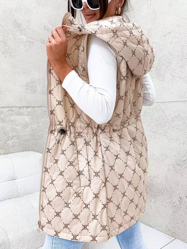 BEŻOWA KAMIZELKA WE WZORY Z KAPTUREM