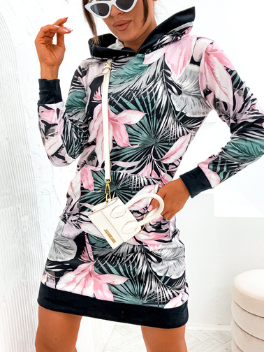 SUKIENKA WELUROWA W KWIATY Z KAPTUREM-CZARNA