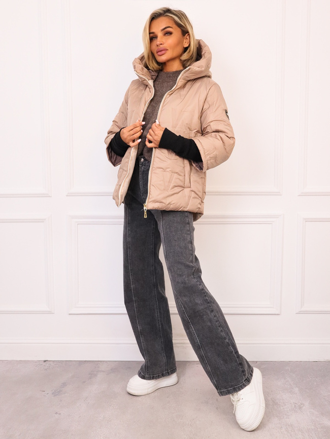 KURTKA ASYMETRYCZNA Z PRZEDŁUŻONYMI ŚCIĄGACZAMI PRZY RĘKAWACH- BEŻOWA