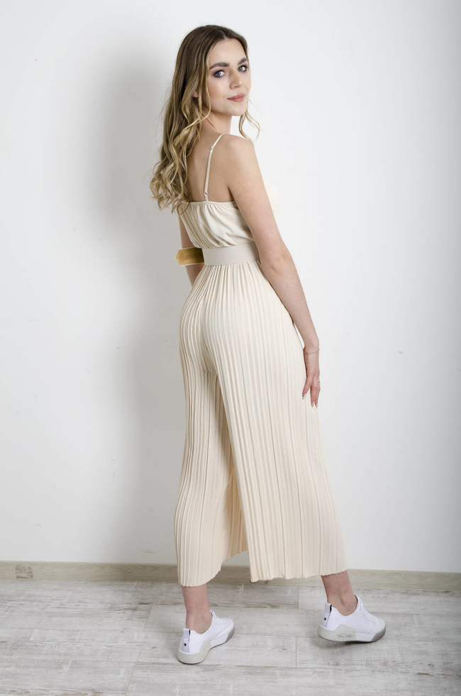 KOMBINEZON GORSETOWY Z PLISOWANYMI NOGAWKAMI BEŻOWY