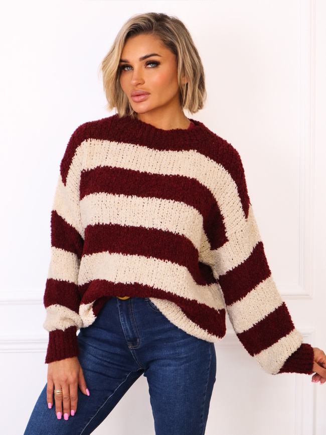 SWETER Z BUKLI W PASKI- BORDOWY