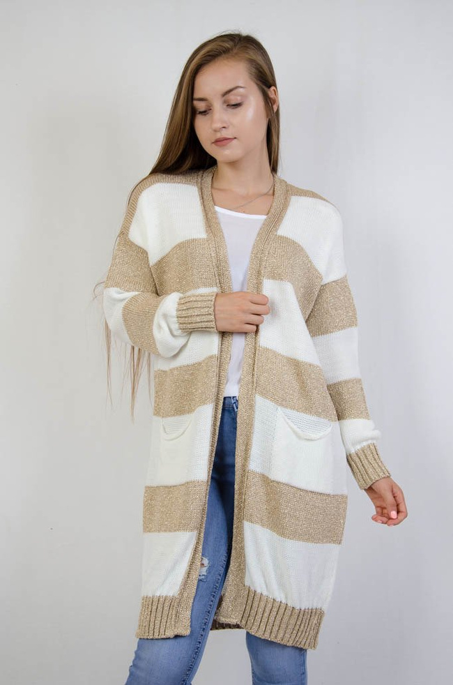 Długi biało-złoty sweter w paski