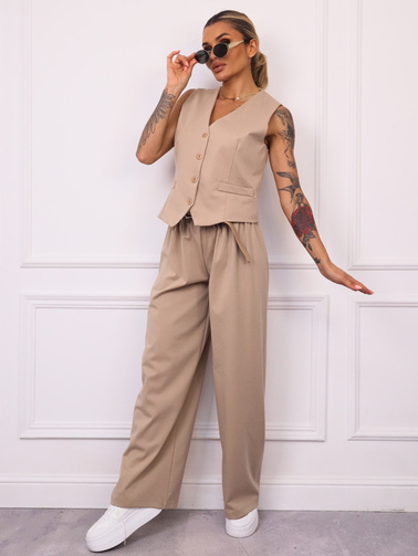 KOMPLET KAMIZELKA+ SPODNIE Z SZEROKIMI NOGAWKAMI I PASKIEM- CIEMNOBEŻOWY