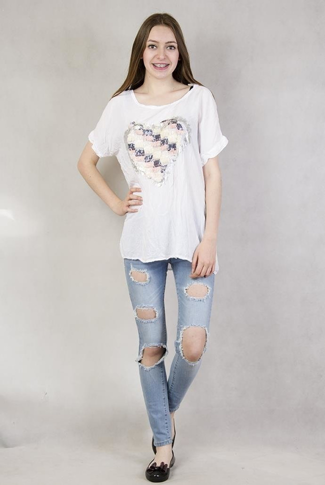 Bluzka z sercem z cekinów i frędzelków