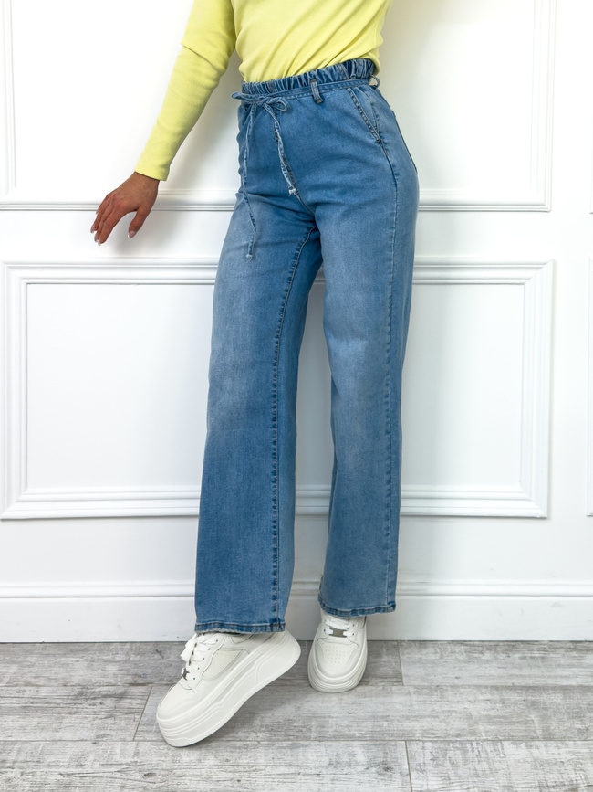 SPODNIE JEANSOWE Z SZEROKIMI NOGAWKAMI I WIĄZANIEM W PASIE
