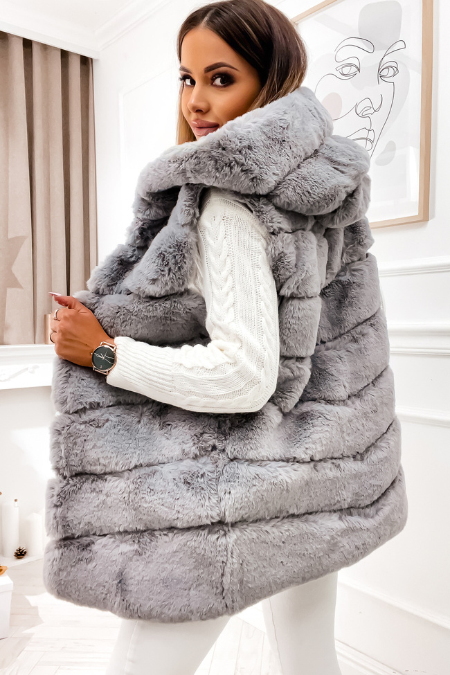 SZARA FUTRZANA KAMIZELKA Z KAPTUREM