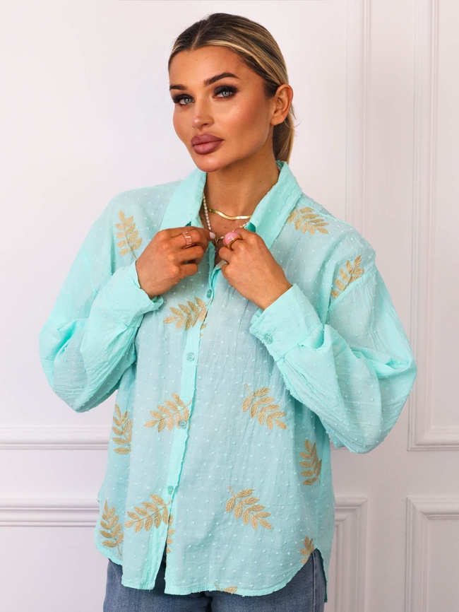 KOSZULA Z OZDOBNYM HAFTEM Z PRZODU- MIĘTOWA