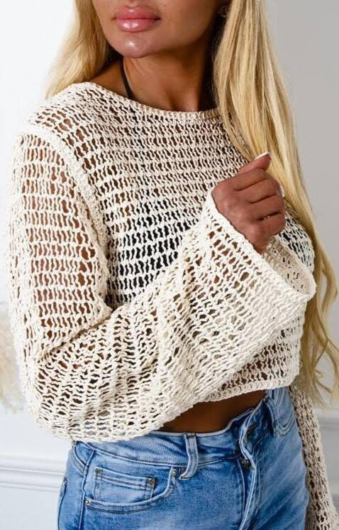 AŻUROWA BLUZKA BOHO Z ROZSZERZANYMI RĘKAWAMI- BEŻOWA