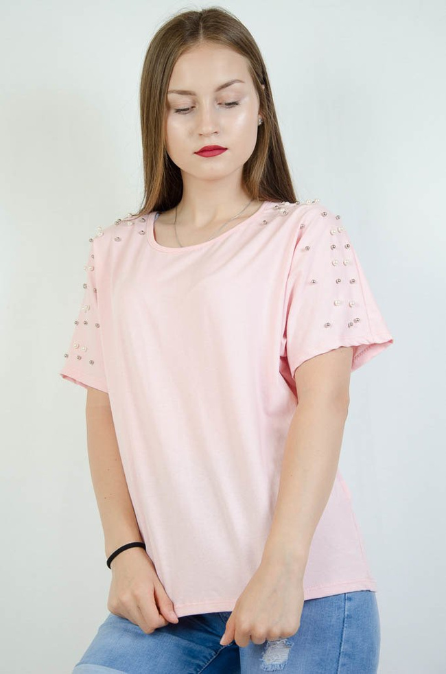 Różowa bluzka oversize z koralikami