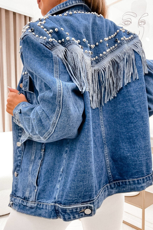 KURTKA JEANSOWA Z OZDOBNYMI DŻETAMI I FRĘDZLAMI