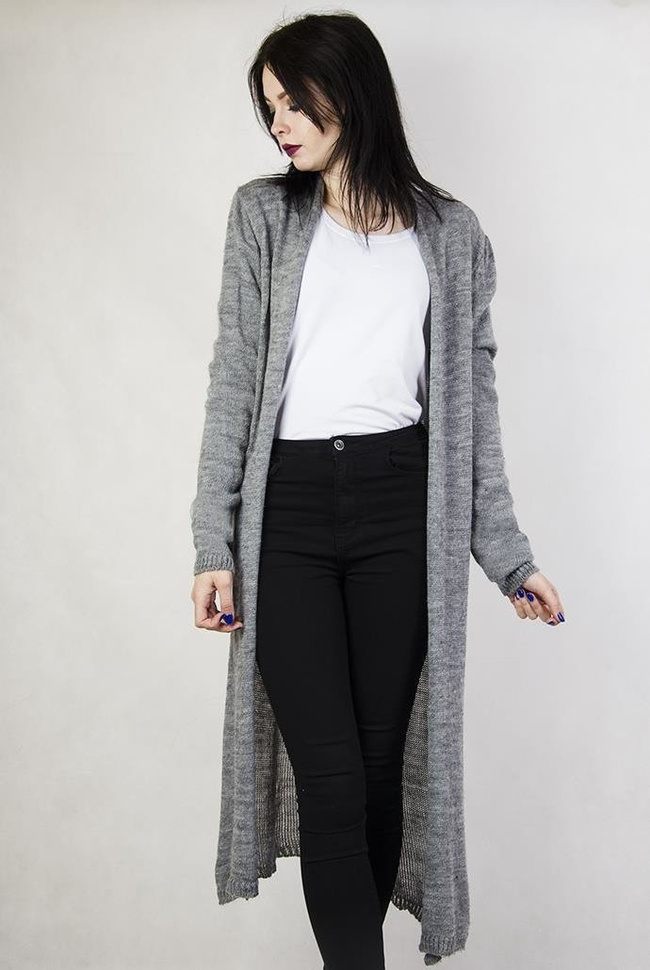 Szary, długi sweter typu kardigan