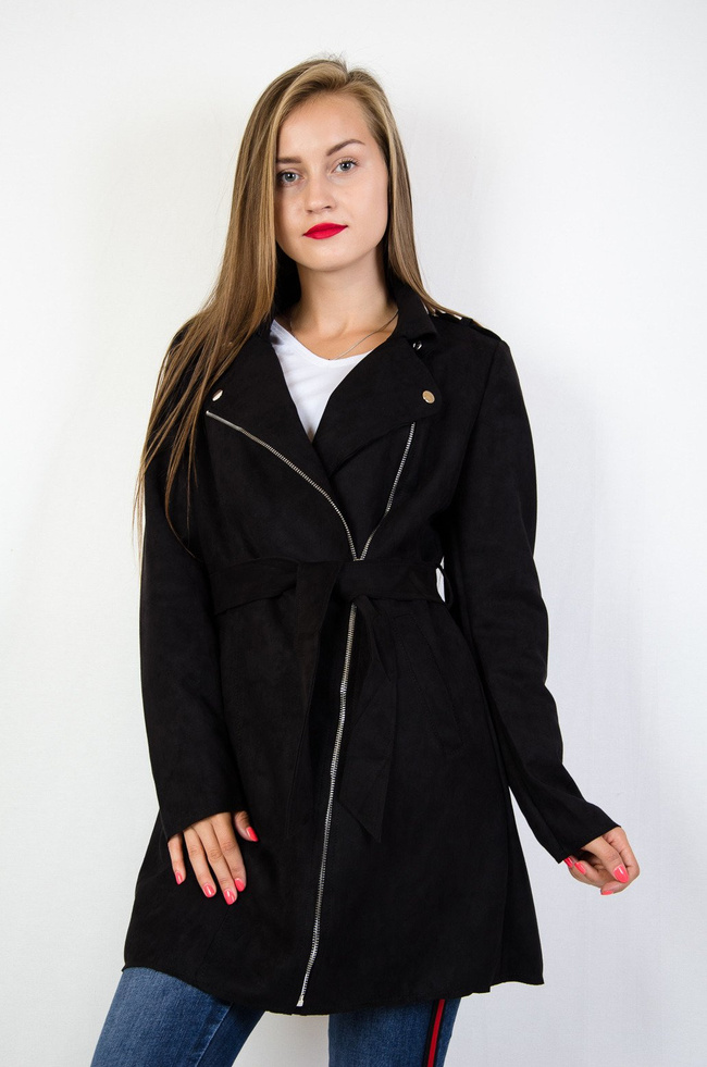 Czarny zamszowy płaszcz zapinany na zamek