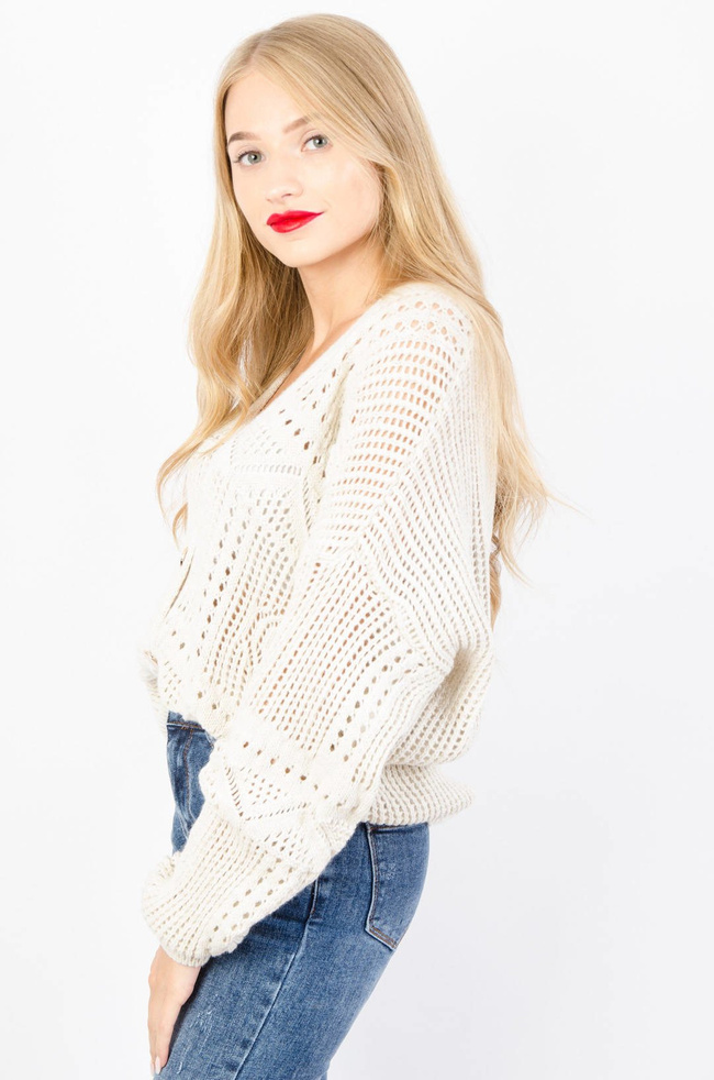 BEŻOWY AŻUROWY SWETER ZAPINANY NA GUZIKI