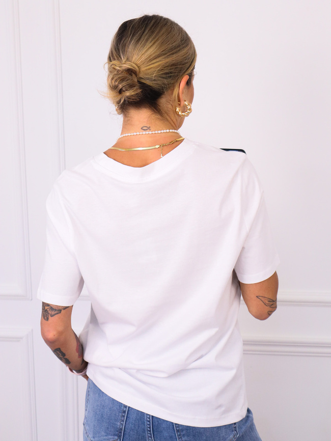 T-SHIRT Z NAPISEM I OZDOBNĄ PANTERKĄ- BIAŁY