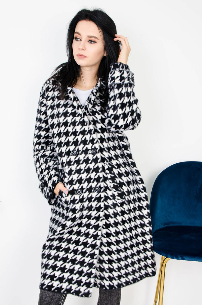 CZARNO-BIAŁY PŁASZCZ W KRATĘ ALPAKA