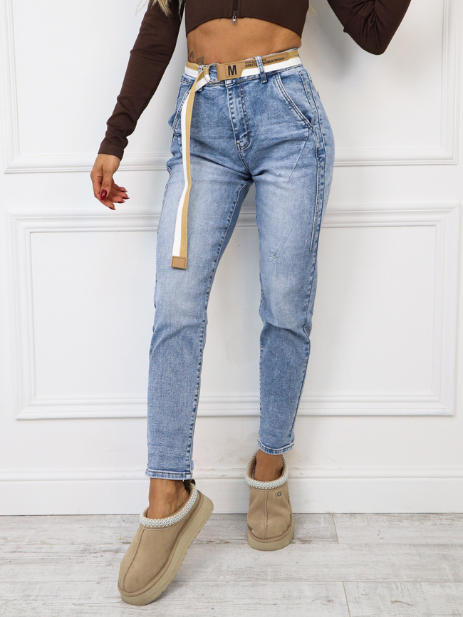 SPODNIE JEANSOWE MOM FIT Z PRZECZYCIEM I PRZETARCIAMI+ PASEK
