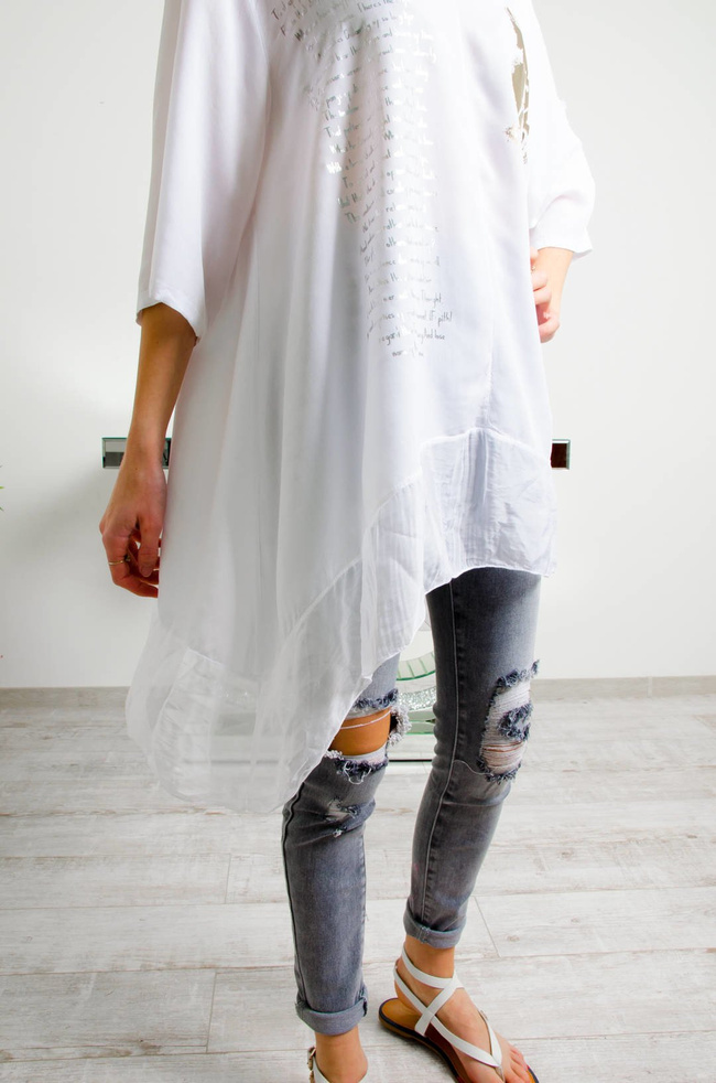 BIAŁA BLUZKA OVERSIZE , SREBRNO-ZŁOTA APLIKACJA
