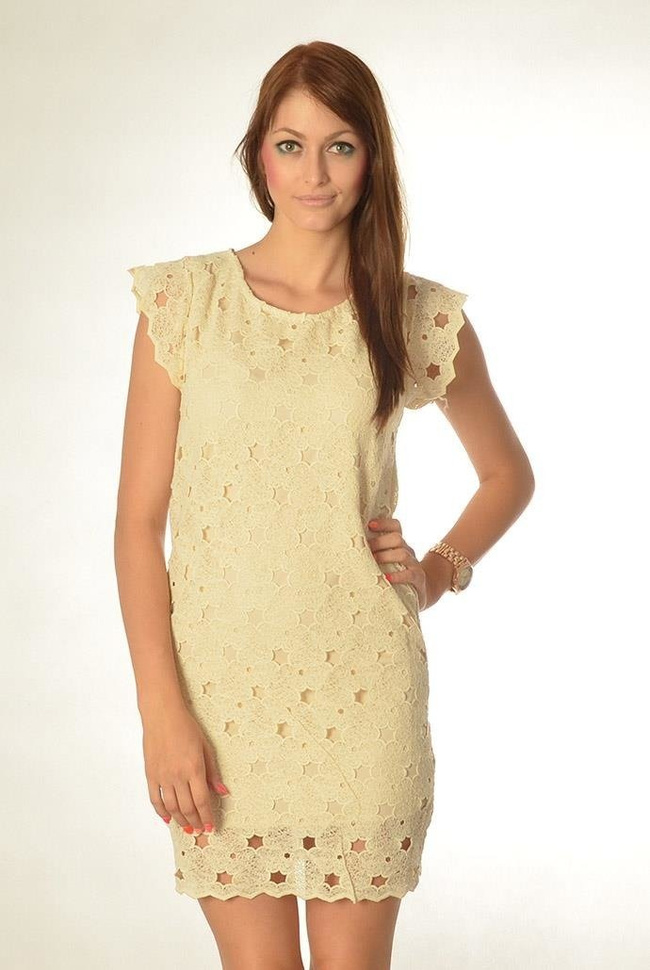 Beżowa koronkowa sukienka na krótki rękaw