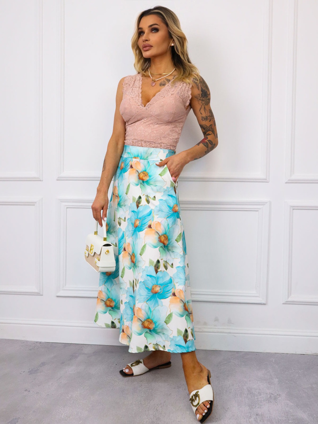 SPÓDNICA MIDI W KWIATY- NIEBIESKA