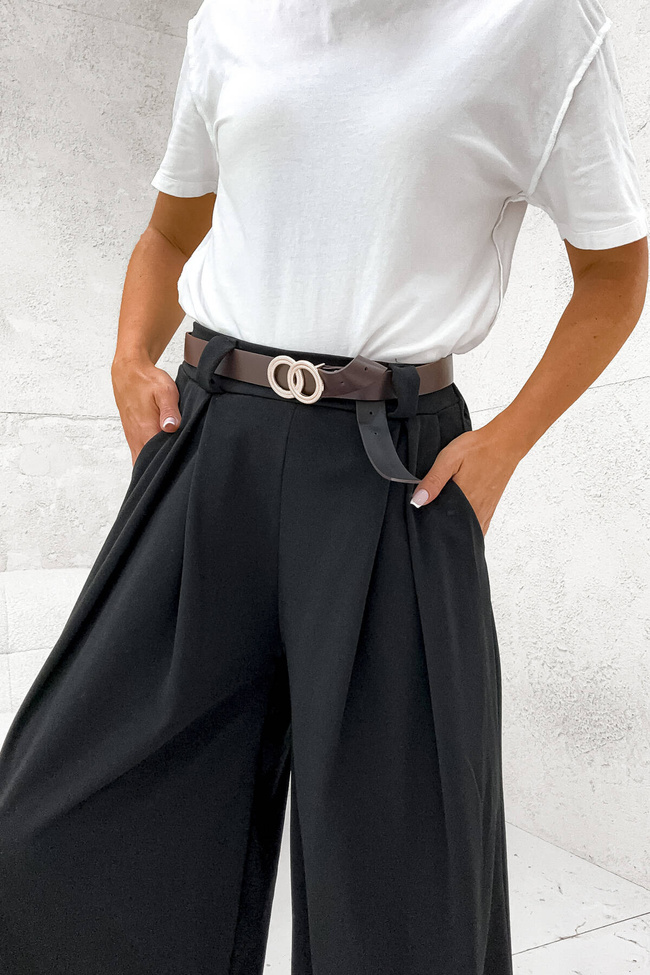 SZEROKIE SPODNIE ONESIZE Z WYSOKIM STANEM I PASKIEM- CZARNE