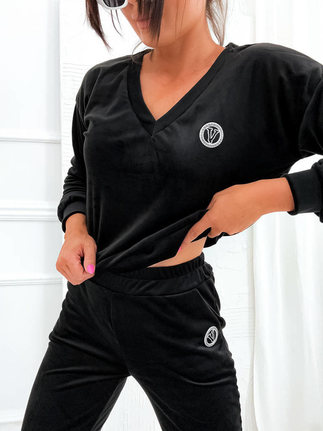 WELUROWY KOMPLET DRESOWY BLUZA W SZPIC + SPODNIE Z NASZYWKĄ- CZARNY