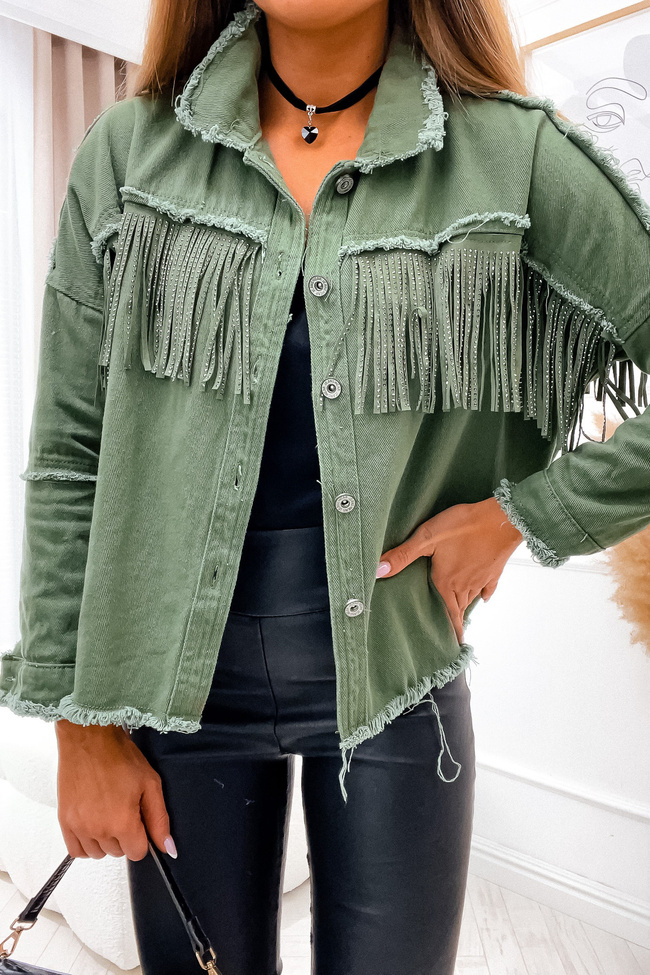 ZIELONA KURTKA JEANSOWA Z FRĘDZLAMI
