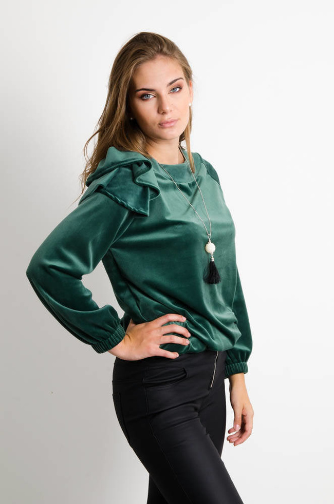 ZIELONA BLUZA WELUROWA Z FALBANKĄ