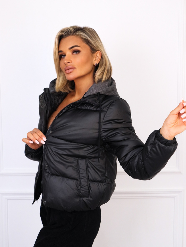 KURTKA ZAPINANA NA ZAMEK I ZATRZASKI Z BAWEŁNIANYM KAPTUREM- CZARNA