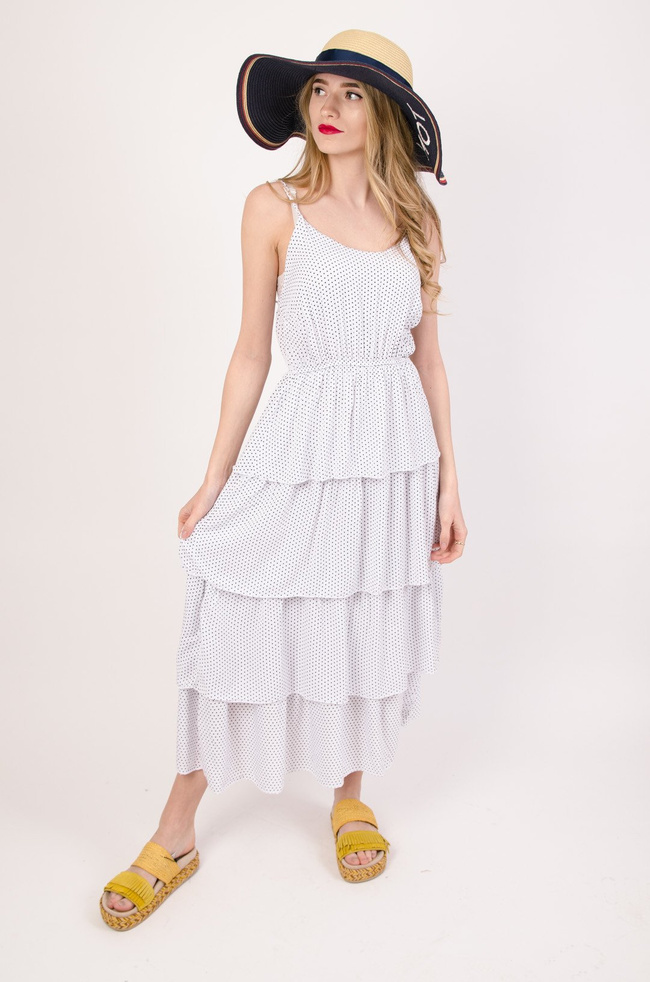Biała sukienka z falbanami w czarne kropki