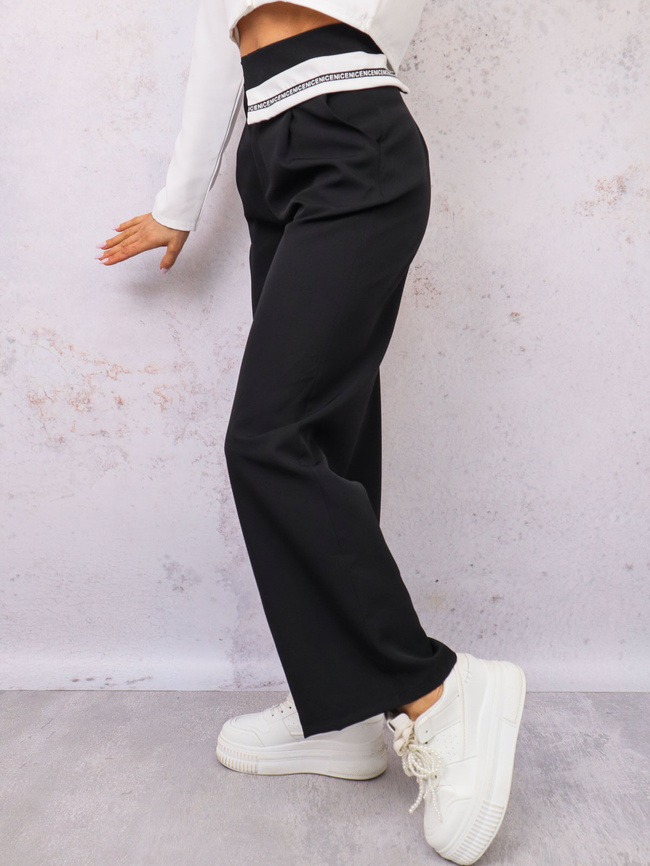 SPODNIE MATERIAŁOWE ELEGANCKIE Z MANKIETEM W PASIE- CZARNE