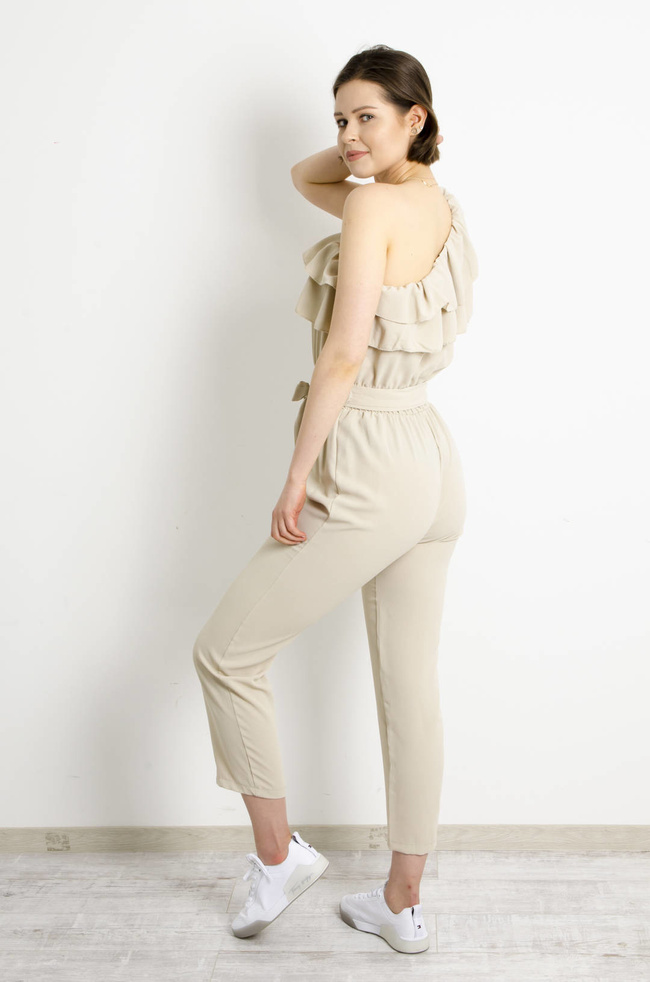 SZYFONOWY KOMBINEZON NA JEDNO RAMIĘ - BEŻOWY