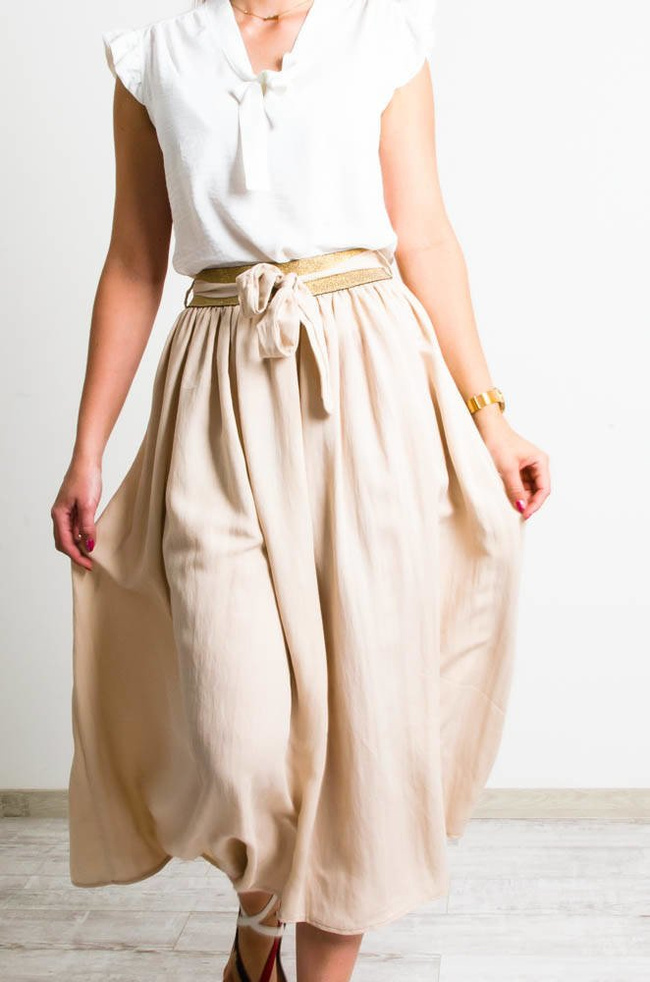 BEŻOWA SPÓDNICA MAXI Z WIĄZANIEM-ZŁOTA GUMA W PASIE