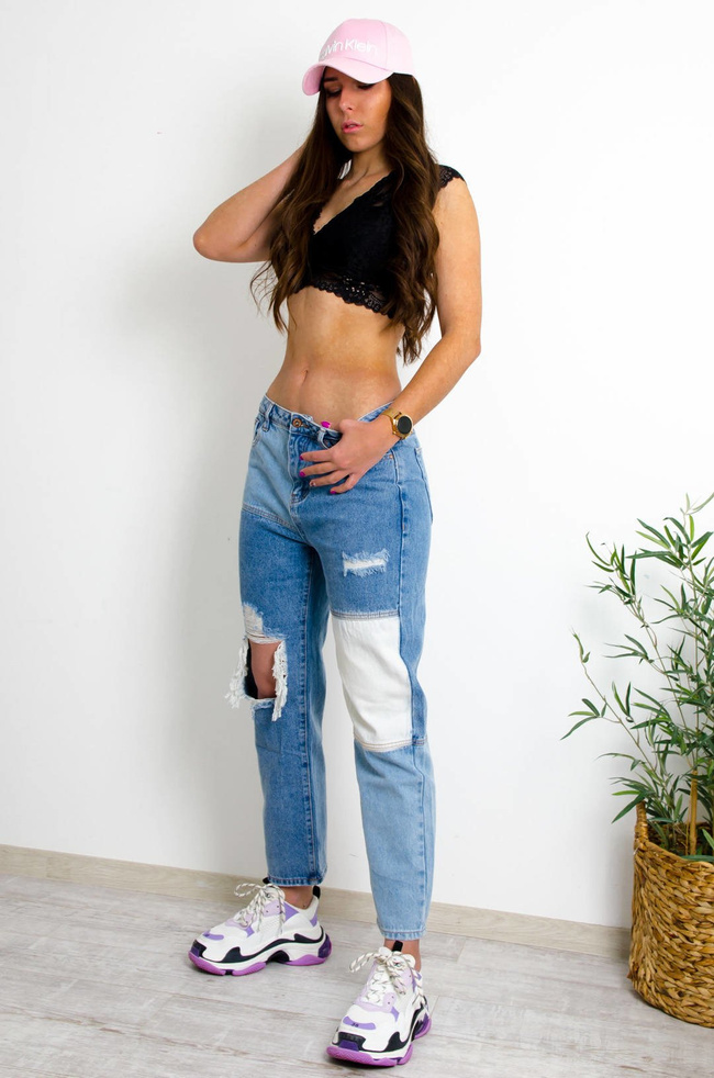 PATCHWORKOWE JEANSY O KROJU STRAIGHT WIDE 