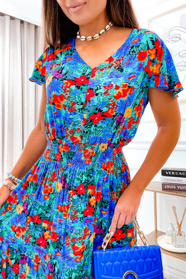 SUKIENKA MIDI Z DEKOLTEM W SEREK I GUMĄ W PASIE- NIEBIESKA