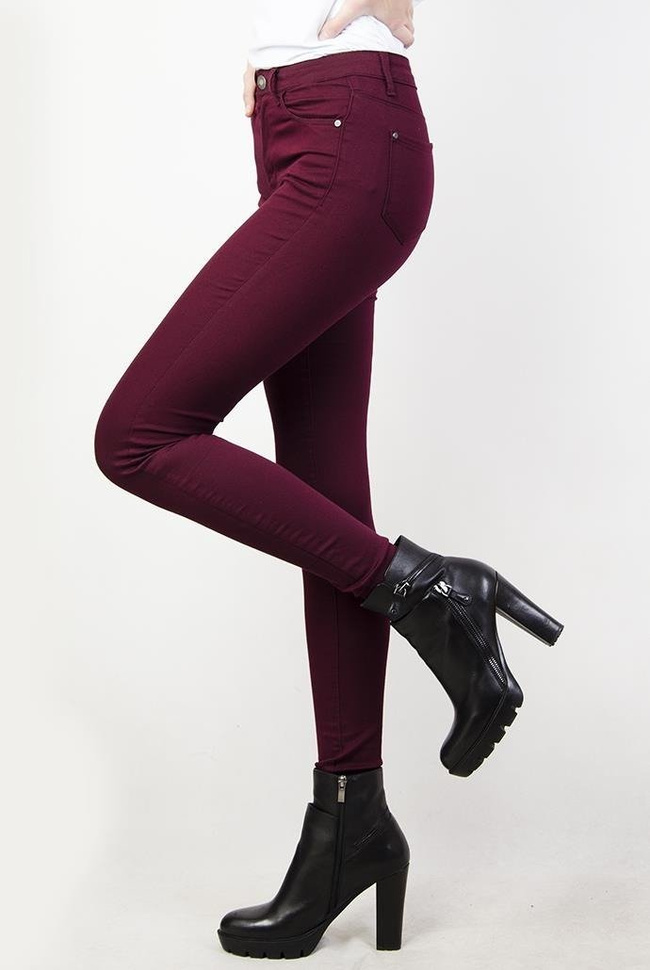 Bordowe spodnie skinny jeans z wysokim stanem