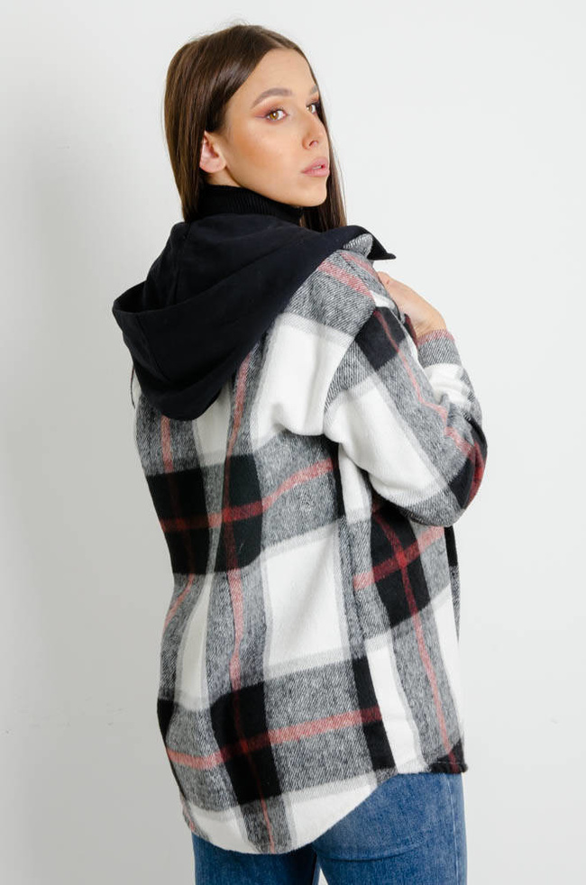 CZARNA KURTKA KOSZULA W KRATĘ Z KAPTUREM