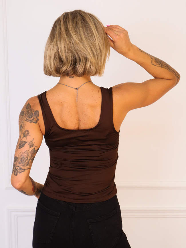 BLUZKA GŁADKA NA SZEROKICH RAMIĄCZKACH- CZEKOLADOWA