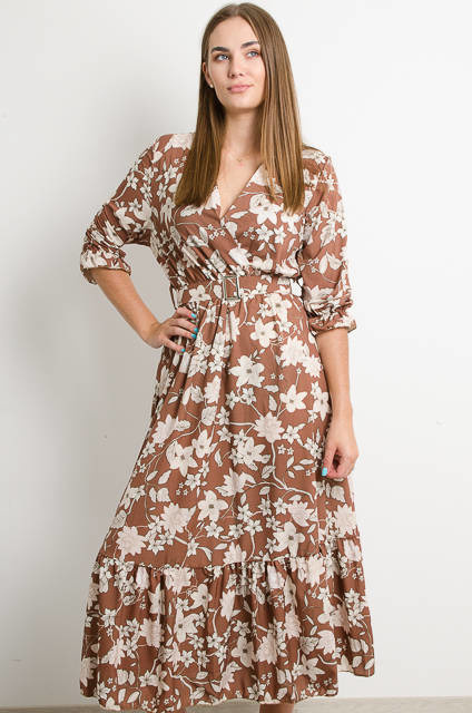 BRĄZOWA SUKIENKA MAXI W KWIATY Z PASKIEM