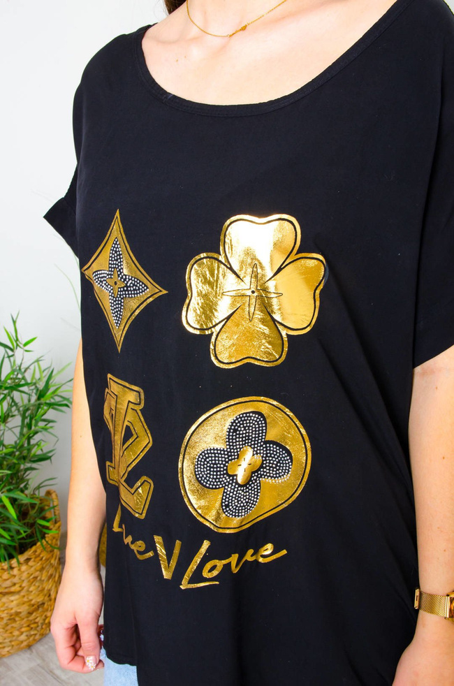 CZARNA BLUZKA ZE ZŁOTĄ APLIKACJĄ I NAPISAMI