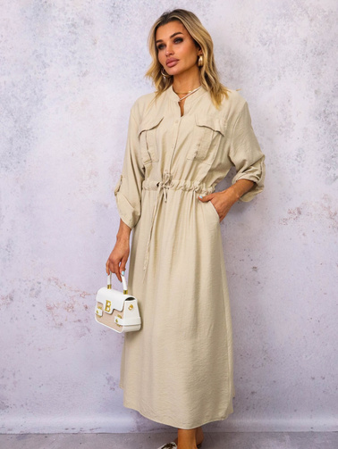 SUKIENKA WIĄZANA W PASIE Z KIESZENIAMI Z PRZODU- BEŻOWA