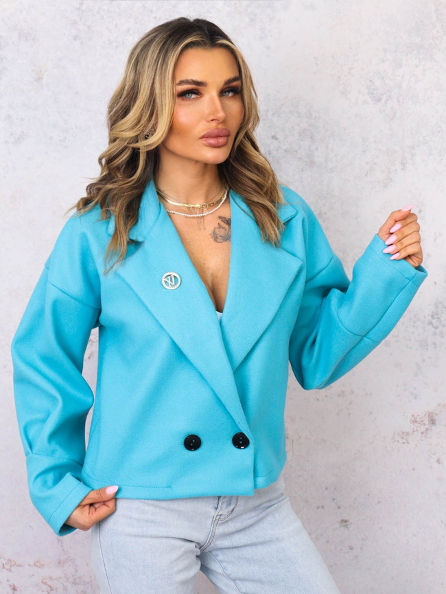 KRÓTKI PŁASZCZ Z KOŁNIERZEM I OZDOBNĄ BROSZKĄ- TURKUSOWY