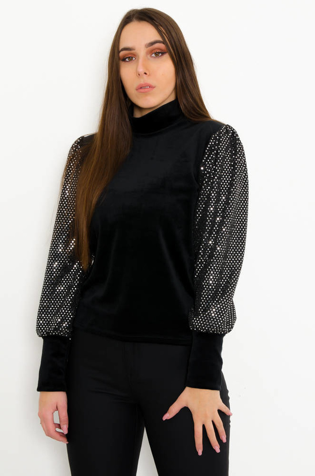 CZARNA BLUZKA Z CEKINOWYMI RĘKAWAMI