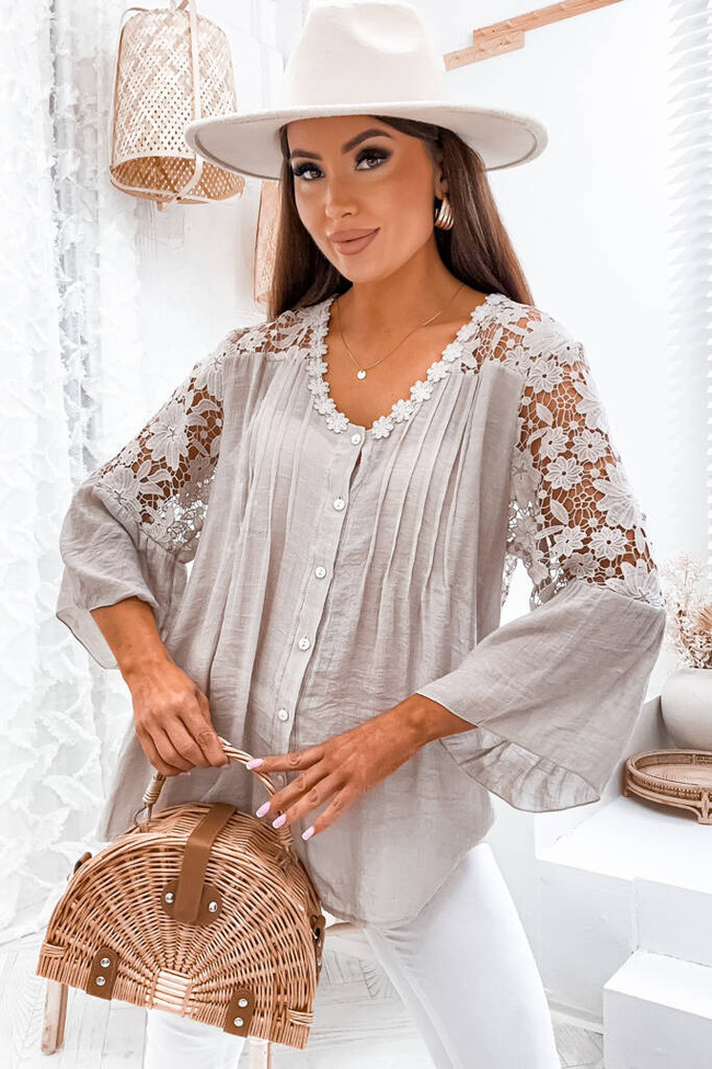 ASYMETRYCZNA BLUZKA Z REKAWAMI I PLECAMI Z KORONKI- BEŻOWA