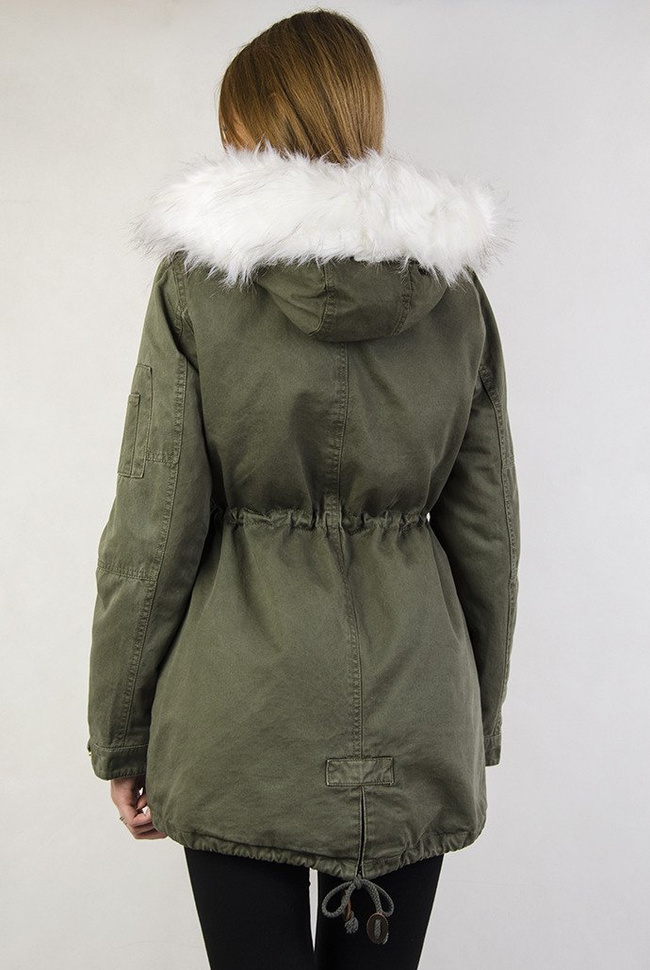 Khaki kurtka parka z białym futerkiem