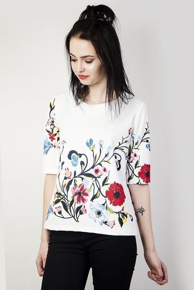 Biała bluzka w kwiatowe wzory, z zamkiem z tyłu