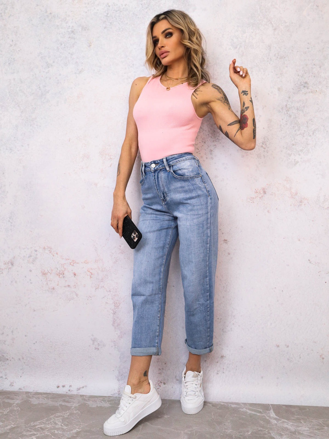 JASNE SPODNIE JEANSOWE MOM FIT Z WYSOKIM STANEM