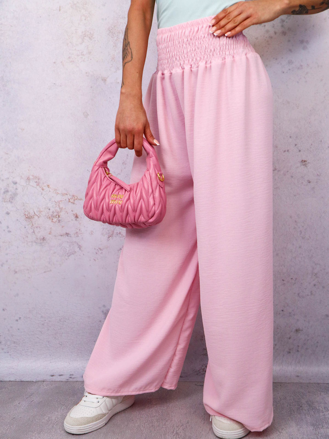 SPODNIE MATERIAŁOWE Z SZEROKIMI NOGAWKAMI I GUMĄ W PASIE- PUDROWY RÓŻ