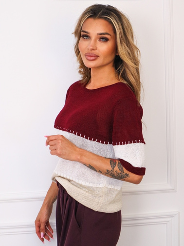 SWETER W PASKI Z KRÓTKIM RĘKAWEM- BORDOWY