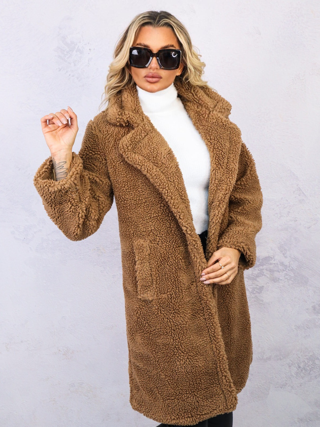 CIEMNOBRĄZOWY PLUSZOWY PŁASZCZ Z KOŁNIERZEM